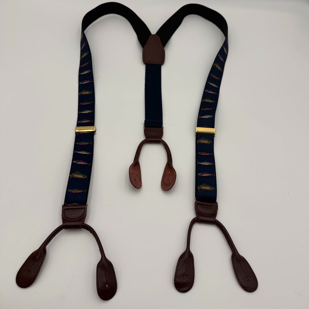 Vintage Pelican USA fish trout salmon leather suspenders braces navy yuppie